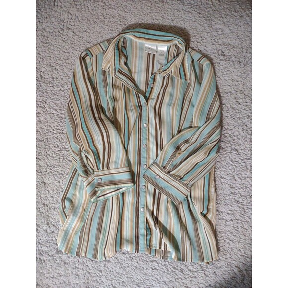 Petite 6 Emma James Sheer Button Down Blouse Multicolor Striped Pattern Pearl... - Picture 1 of 14